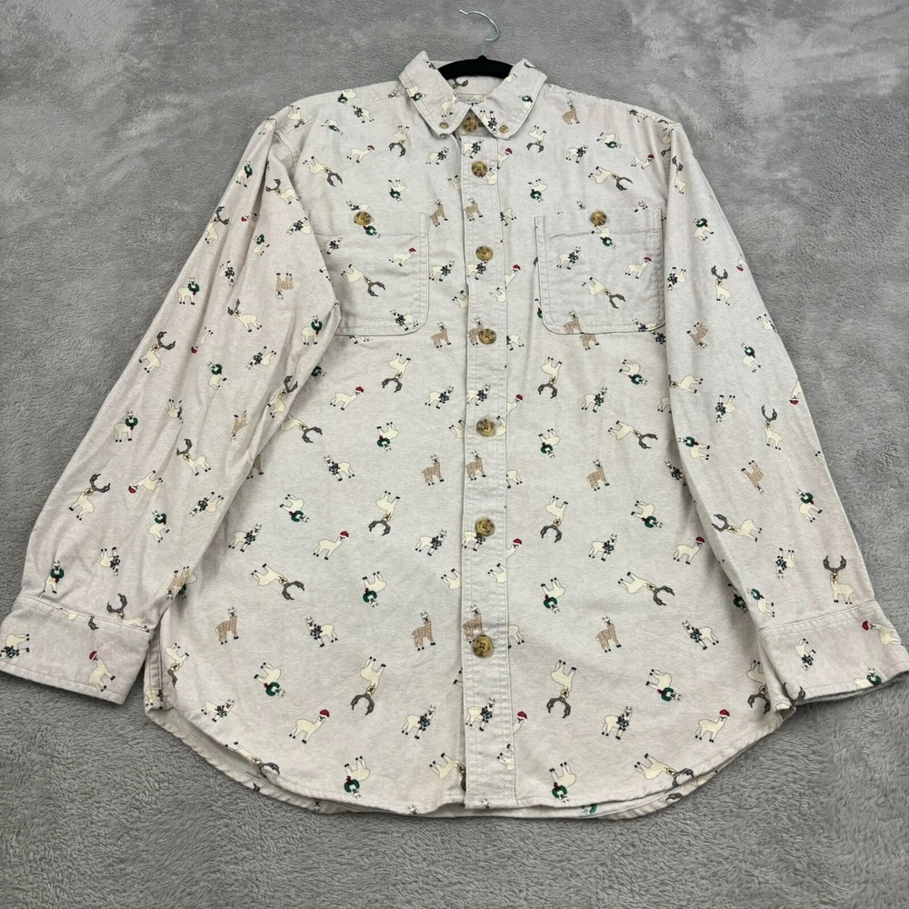Duluth Christmas Novelty Print Button Up Shirt Mens S Beige Cotton Reindeer Xmas